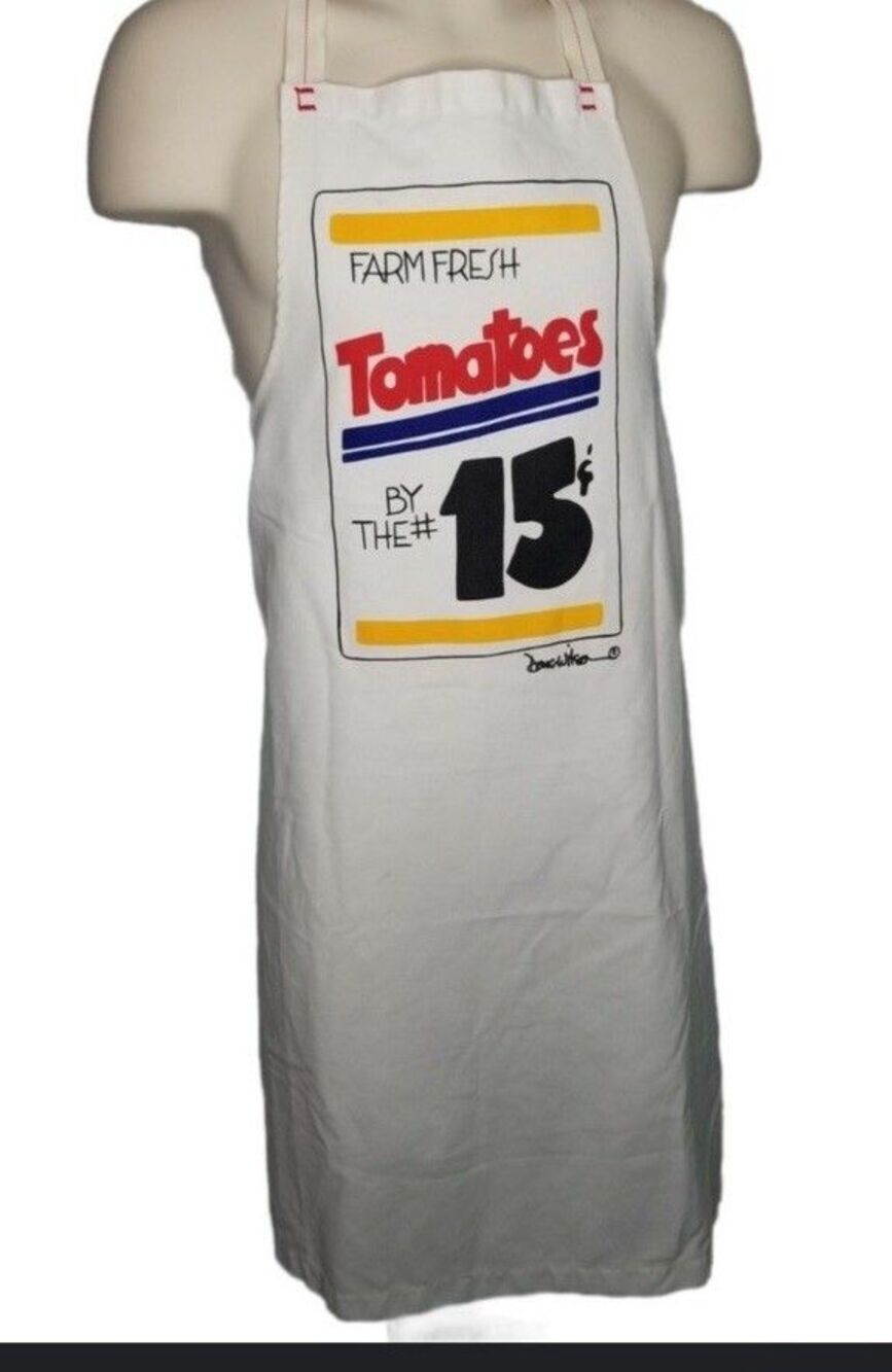 Vtg Doug Wilson Full Apron Cotton Mid Century Graphics Tomatoes Farm Fresh